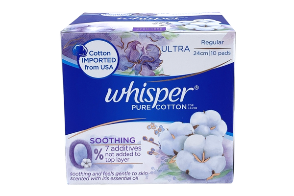 Whisper Pure Cotton Soothing Regular 24cm 10 pieces