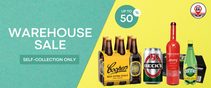 Beckés and Coopers beer bottles with a warehouse sale banner on a teal and yellow background.