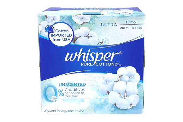Whisper Pure Cotton Unscented Heavy 28cm 8 pieces