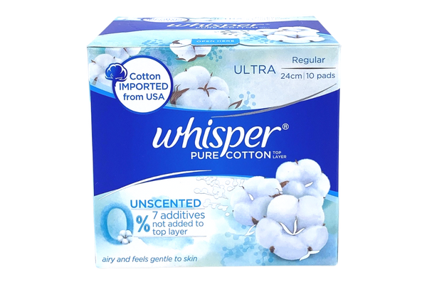 Whisper Pure Cotton Unscented Regular 24cm 10 pieces